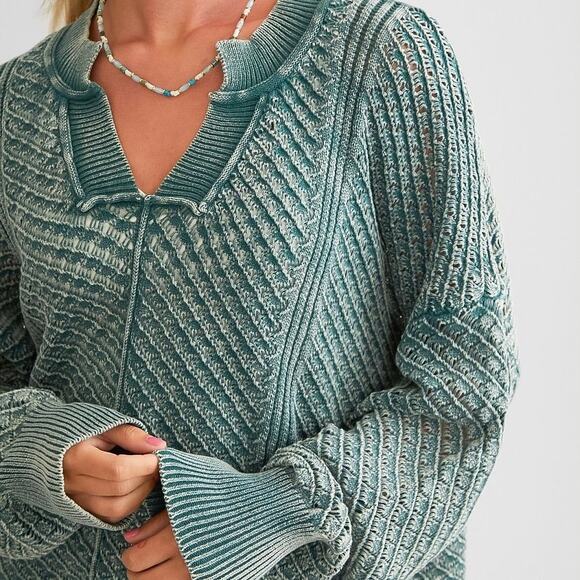 BKE Washed Notch Neck Oversized Cotton Open Weave Jasper Green Sweater Size S - Picture 6 of 14
